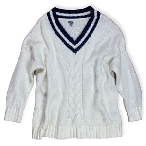 Aerie White and Navy V-Neck Sweater